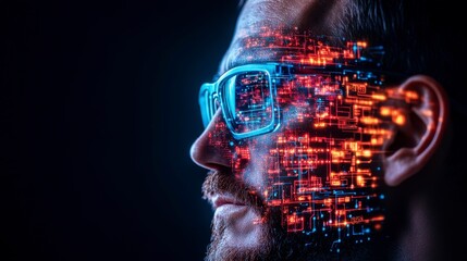 A close-up shot of a futuristic man with augmented reality glasses, showcasing a digital interface holographically projected on his face