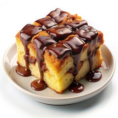Decadent bread pudding square drizzled with rich chocolate sauce served on a small plate
