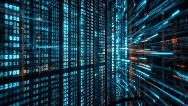 Dense streams of bright alphanumeric code flow vertically with subtle flickering and ambient glow