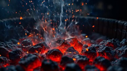 Extreme close-up of glowing red-hot charcoal beneath a grill, with grease droplets falling in slow motion and triggering tiny bursts of flame