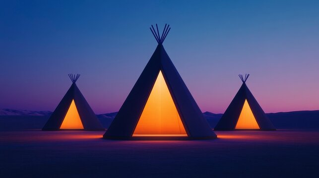 Illuminated teepees in a serene desert landscape at dusk, showcasing a tranquil and captivating atmosphere - Powered by Adobe