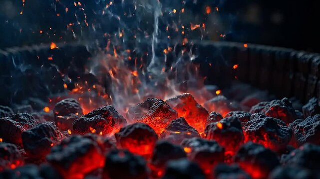 Extreme close-up of glowing red-hot charcoal beneath a grill, with grease droplets falling in slow motion and triggering tiny bursts of flame