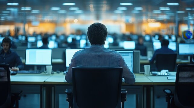 A large modern office interior with numerous workers.