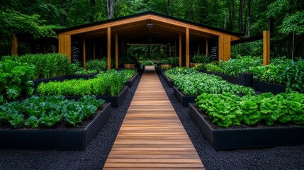 A stunning garden retreat featuring lush green vegetables and a beautifully designed wooden structure in a serene forest setting.