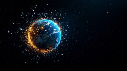 Fototapeta premium An imaginative depiction of Earth surrounded by intense fiery explosions and rocky debris in space, capturing a dramatic and transformative moment