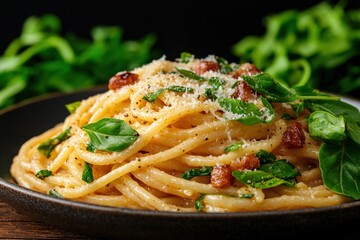 Fototapeta premium Delicious spaghetti carbonara with bacon and basil.