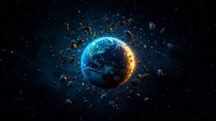 An awe-inspiring view of Earth surrounded by a field of asteroids in the dark expanse of space, highlighting cosmic wonders and environmental themes