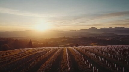 Obraz premium Vineyard Sunrise: Rows of Vines Bathed in Golden Light