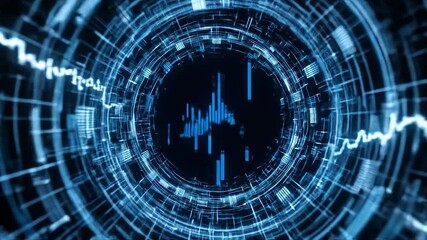 Futuristic spiral of financial data lines and graphs forming a tunnel in 3D HUD space, glowing wireframe structures rotating slowly