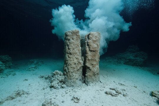 Underwater landscape with two tall rock formations and white smoke.