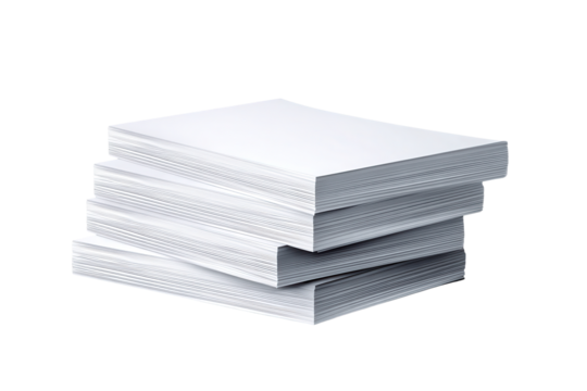 Stack of blank white paper sheets isolated on transparent background