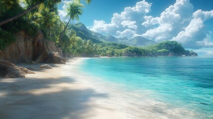 Turquoise water meets the shore with lush, green mountains in the distance