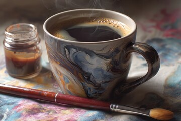 A steaming cup of coffee with paint and brushes.
