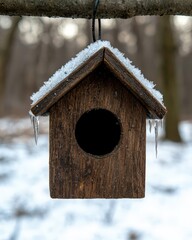 A snow-covered birdhouse hangs from a tree branch in winter.