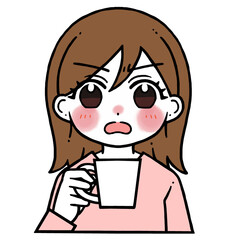 コップを持つ怒った顔の女性のイラスト