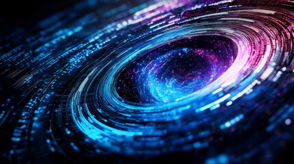 Obraz premium A mesmerizing view into a swirling galaxy with vibrant cosmic colors and deep space elements, showcasing a black hole at the center