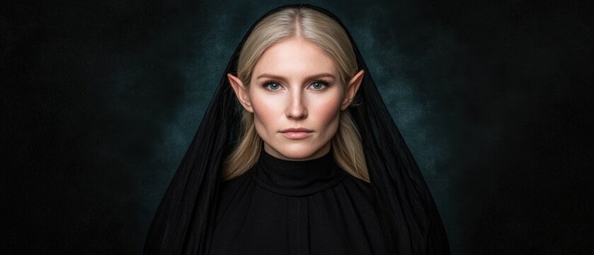 Mysterious elf woman with fair hair and black veil.