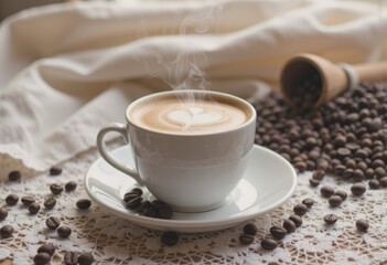 Obraz premium Steaming cup of coffee with heart-shaped latte art on a lace tablecloth