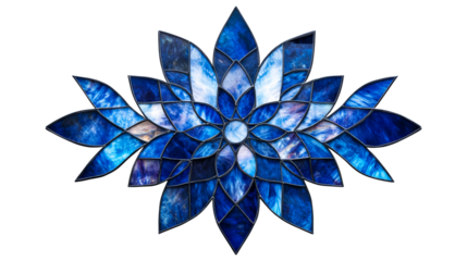 Stained glass flower blossom pattern, blue hues, isolated, cut out transparent