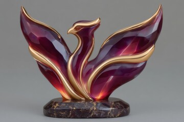 A phoenix sculpture made of purple glass and gold.