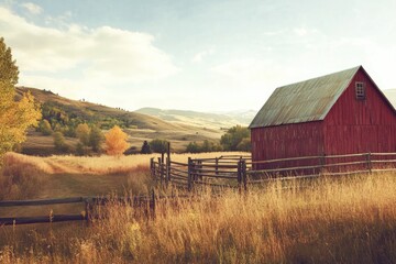 Rustic red barn nestled in a golden autumn landscape