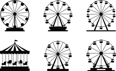Silhouette illustrations of ferris wheels and carousel for carnival amusement park design