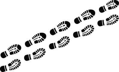 Black footprint trails on white background depicting walking steps and movement