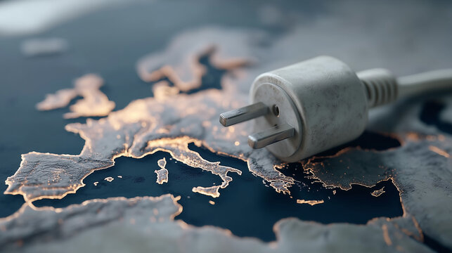 Power Plug on European Map: A close-up shot of a power plug superimposed on a detailed map of Europe, symbolizing energy, connectivity, and the intricate web of power grids