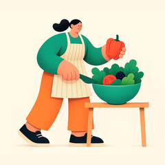 A woman in an apron prepares salad, adding bell pepper to a bowl of greens.: Preparing fresh meals as part of healthy and mindful eating.  Flat , 3D