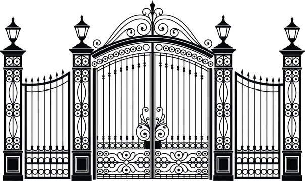 Elegant vector illustration of ornate wrought iron gate with detailed lamp posts and design