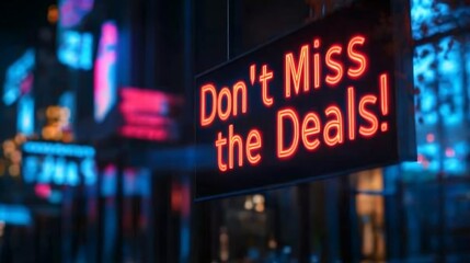 Bright neon sign advertising sales in city nightlife.