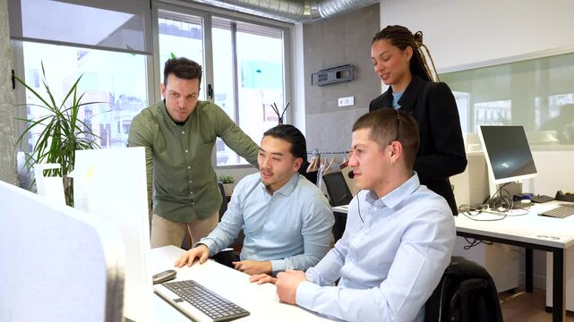 Business team collaboration and problem solving in modern office