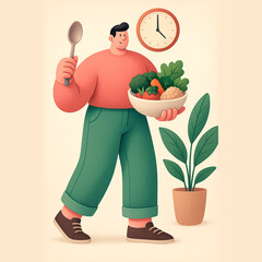 A man with a spoon and a bowl of vegetables stands near a clock and a houseplant. Generated AI. Healthy eating and mindful living presented in a positive visual style. Flat,  3D