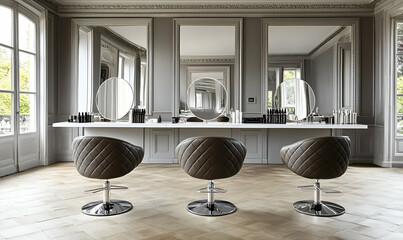 Elegant hair salon interior with three stylish brown leather chairs and large mirrors, showcasing a luxurious and sophisticated atmosphere.
