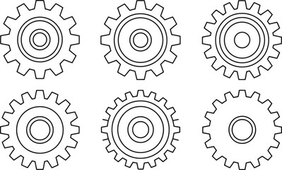 Six black and white gear illustrations in a mechanical or industrial design style