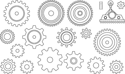 Collection of various mechanical gears and cogs in detailed black and white outline