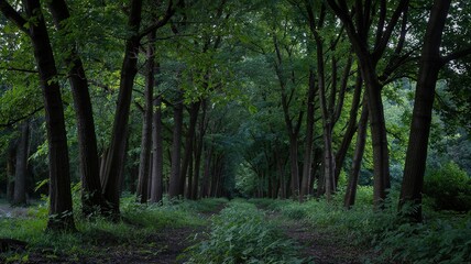 Fototapeta premium Serene Forest Path Illuminated by Soft Light, Leading into the D