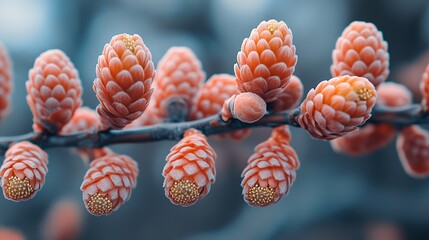 Close-up of small, orange and pink berries on the branch of an alpine larch tree in late autumn, with a shallow depth of field, macro photography, nature scene, intricate details, detailed background