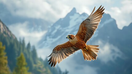 Fototapeta premium Majestic falcon soaring above snow-capped peaks.