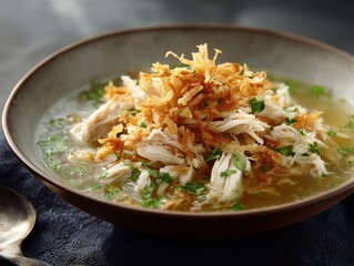 Soto Lamongan, koya topping, shredded chicken, clear broth