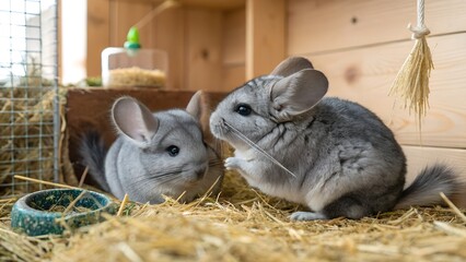 Chinchillas' Playful World: Capture the playful essence of these delightful chinchillas as they explore their cozy wooden enclosure. It's a charming peek into their daily lives.
