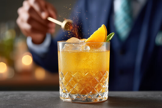 Bartender flamboyantly ignites orange peel over classic old fashioned cocktail. Dark moody bar setting creates an inviting atmosphere. Concept of mixology, bar culture, cocktail enthusiasts