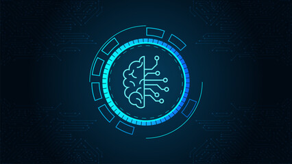 Futuristic AI brain interface with glowing circuit board and digital connections on a dark blue tech background.