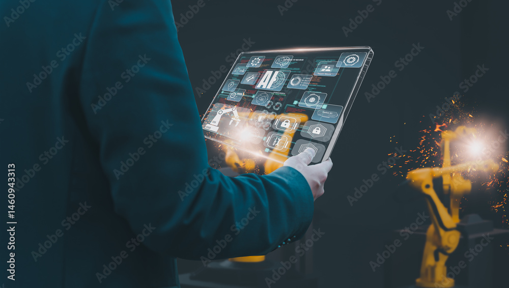 Wall mural industry engineer in smart factory using transparent glass tablet to control automated robotic arm w