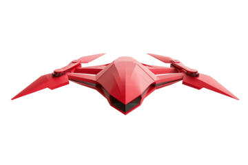 Vivid red spacecraft with sharp edges, low angle view, cut out transparent