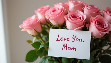 love you mom  typography card with pink roses