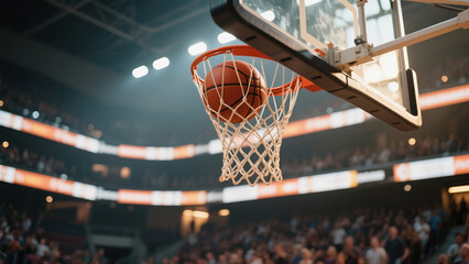 closeup hoop with ball dropping in basket.