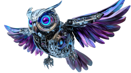 Mechanical owl soaring, intricate gears and plumage, cut out transparent