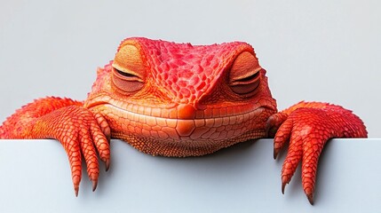 A close-up portrait of a bright red bearded dragon resting on a white surface showcasing its unique colors and textures