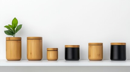 A stylish arrangement of bamboo and black containers on a clean shelf, perfect for modern home decor and organization